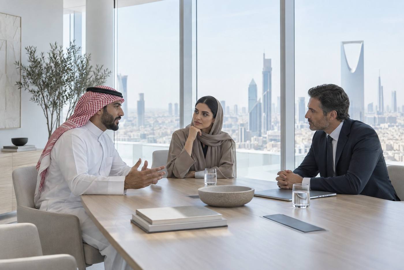 Three executives in discussion at a meeting table, the Riyadh skyline behind them.